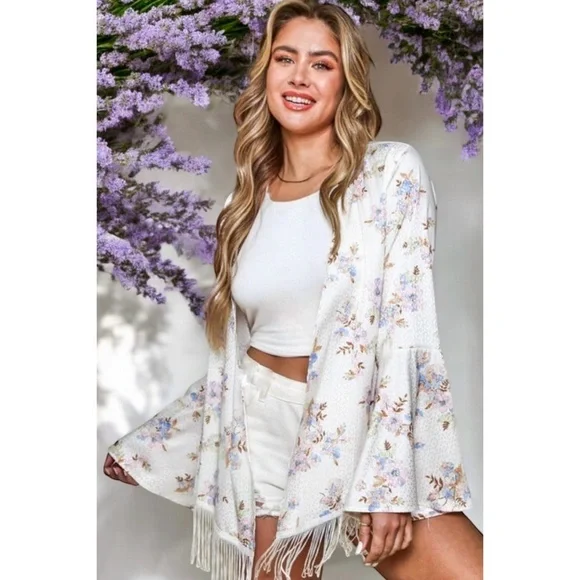 PEACH LOVE Ivory Floral Print Satin Cardigan with Fringe - Picture 3 of 8
